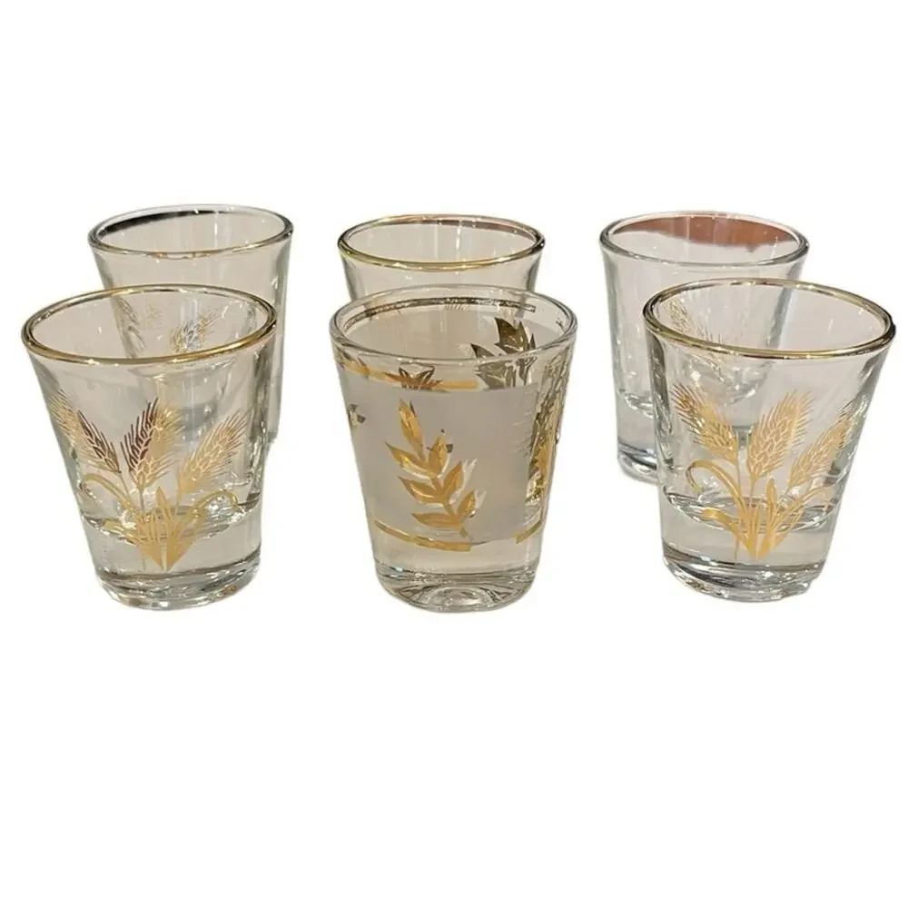Vintage MCM Shot Glasses Set of 6 Anchor Hocking and Libbey Clear & Gold Wheat